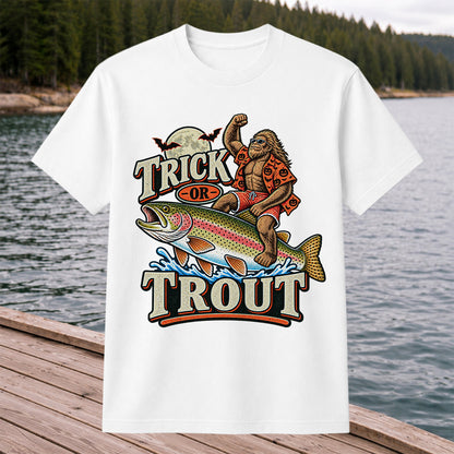 Trick or Trout Bigfoot Riding a Rainbow Trout Halloween Fishing T-Shirt
