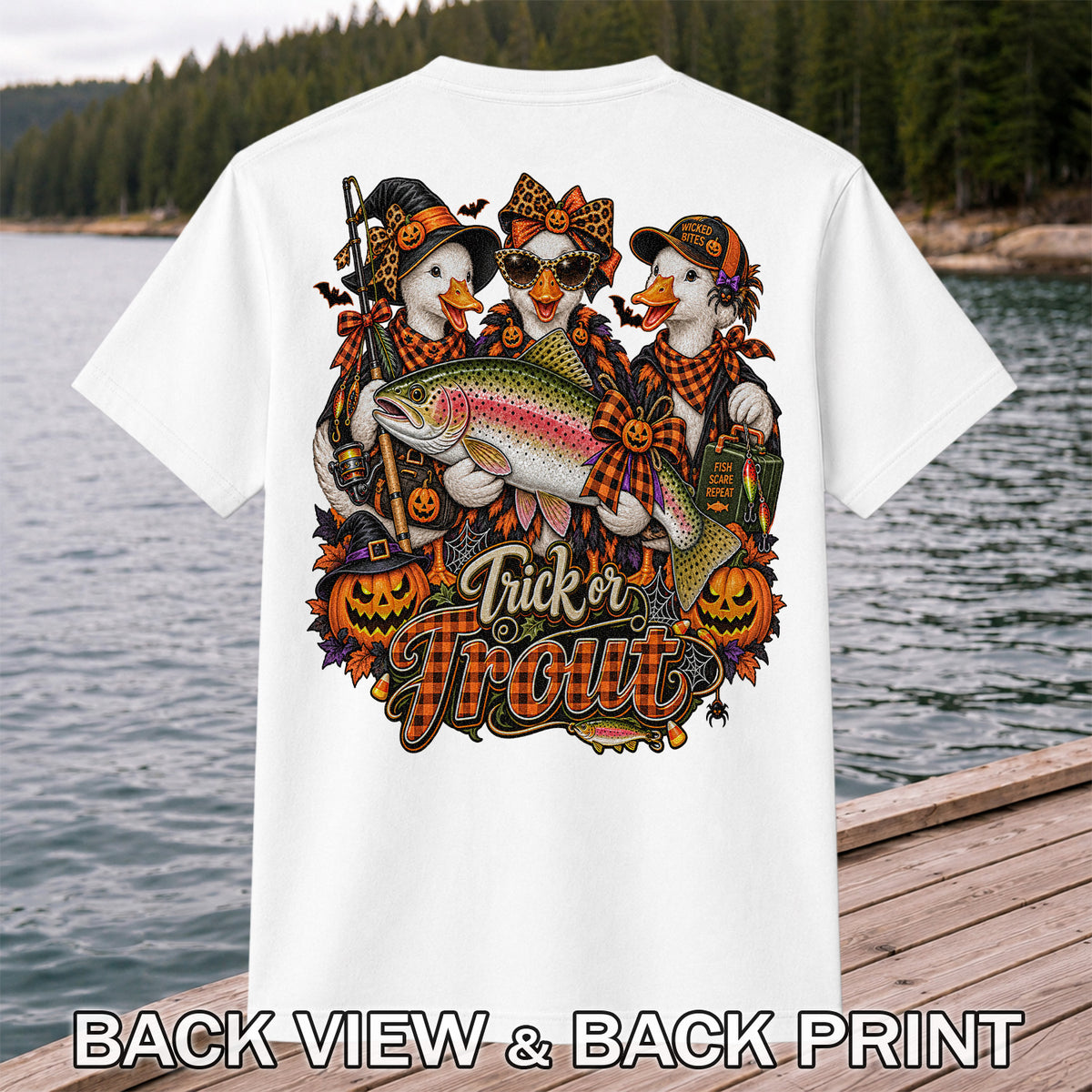 Trick or Trout Halloween Ducks with Rainbow Trout and Pumpkins Fishing T-Shirt | Back Print