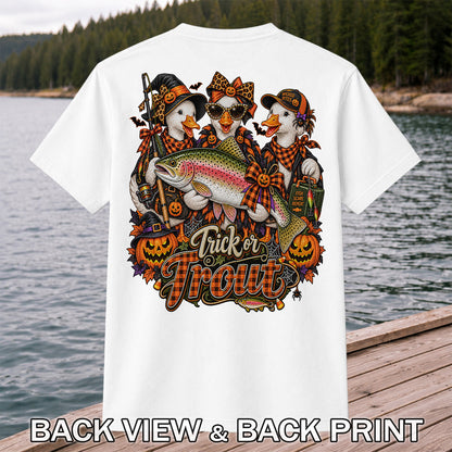 Trick or Trout Halloween Ducks with Rainbow Trout and Pumpkins Fishing T-Shirt | Back Print