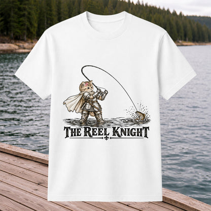 The Reel Knight Cat in Armor Funny Fishing Graphic T-Shirt