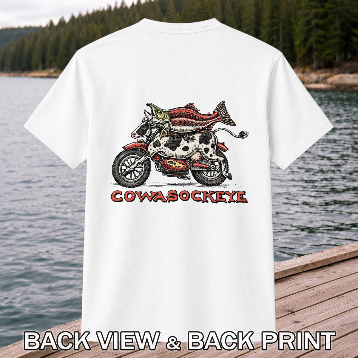 Cowasockeye Trout Motorcycle Funny Fishing Graphic T-Shirt | Back Print