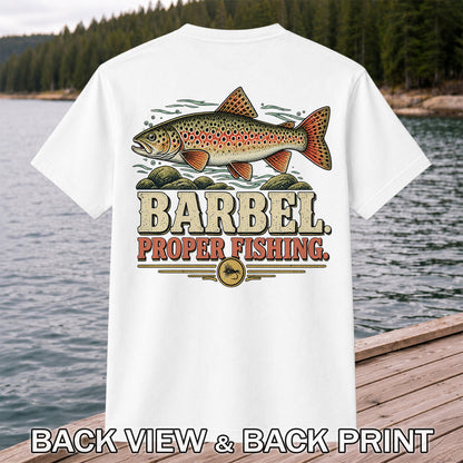 Barbel Proper Fishing Brown Trout Graphic T-Shirt | Back Print
