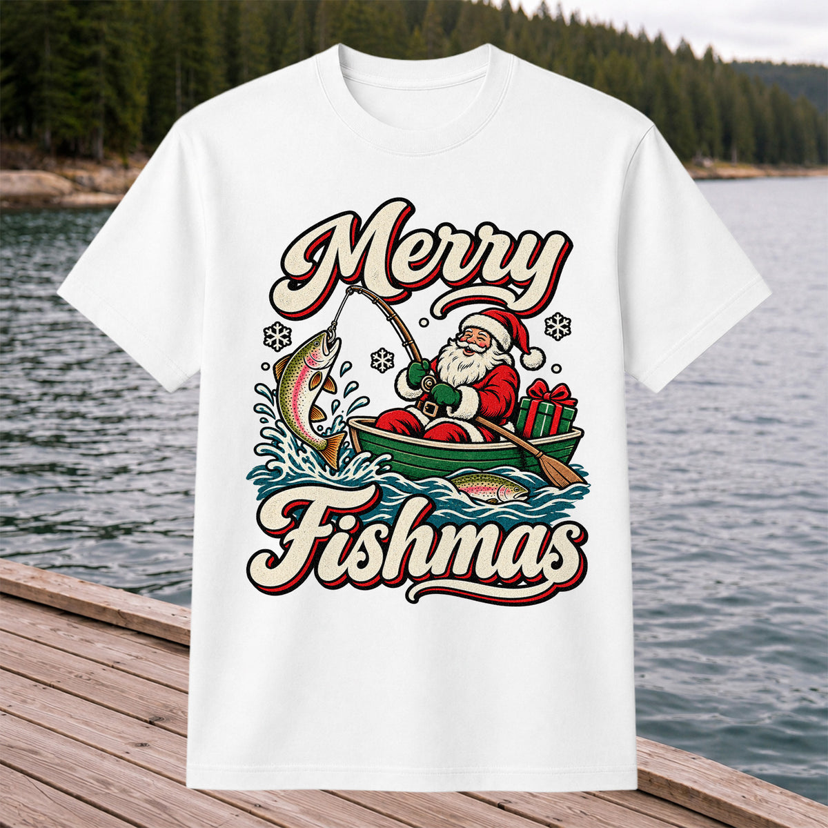Merry Fishmas Santa Catching Rainbow Trout in a Boat Fishing T-Shirt