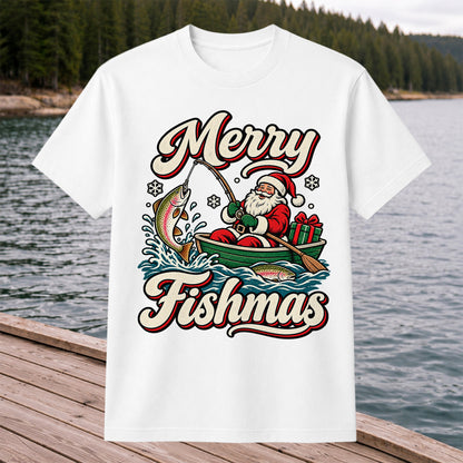Merry Fishmas Santa Catching Rainbow Trout in a Boat Fishing T-Shirt