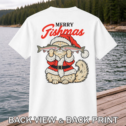 Santa Cat Holding Trout Merry Christmas Fishing T-Shirt | Back Print