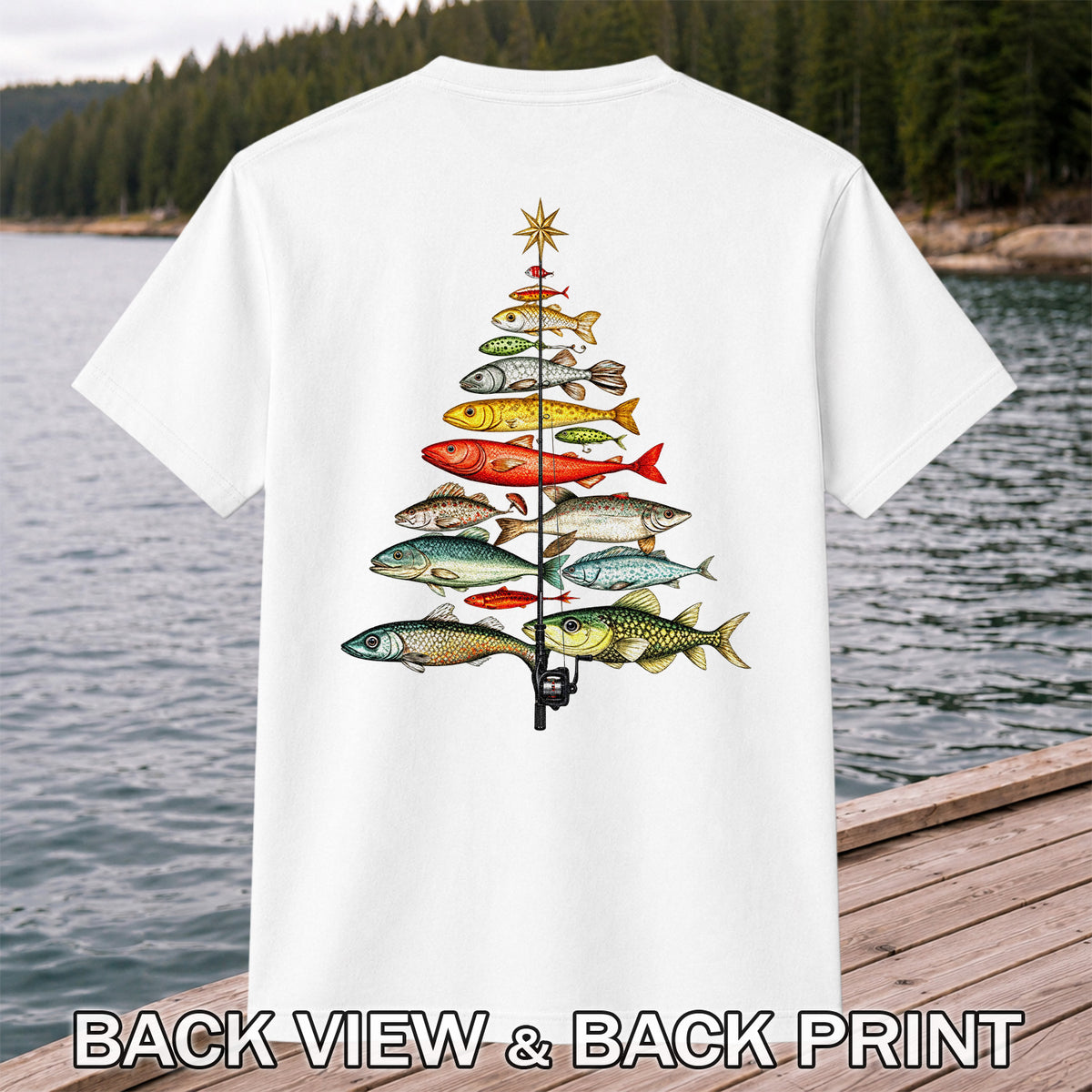 Vintage Fish Collection Fishing Rod Graphic T-Shirt | Back Print