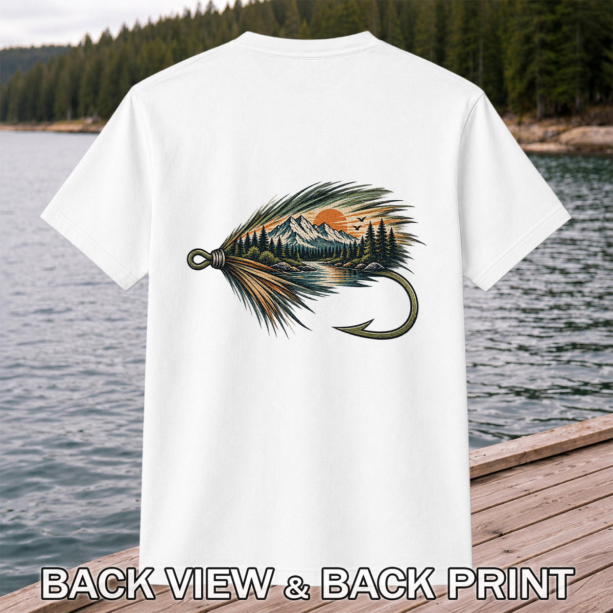 Mountain Lake Fly Fishing Hook Graphic T-Shirt | Back Print