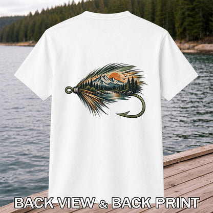 Mountain Lake Fly Fishing Hook Graphic T-Shirt | Back Print