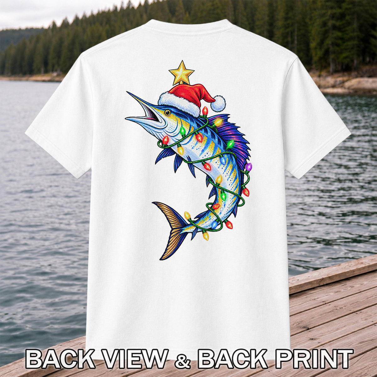 Christmas Marlin Wrapped in Lights Fishing T-Shirt | Back Print