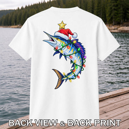 Christmas Marlin Wrapped in Lights Fishing T-Shirt | Back Print