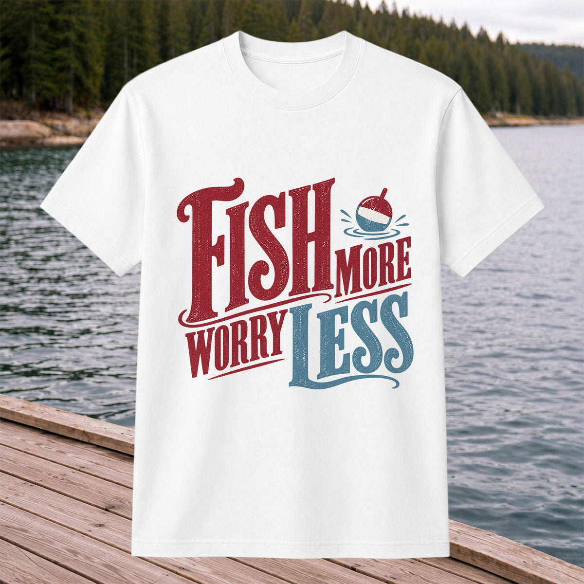 Fish More Worry Less Vintage Bobber Fishing Graphic T-Shirt