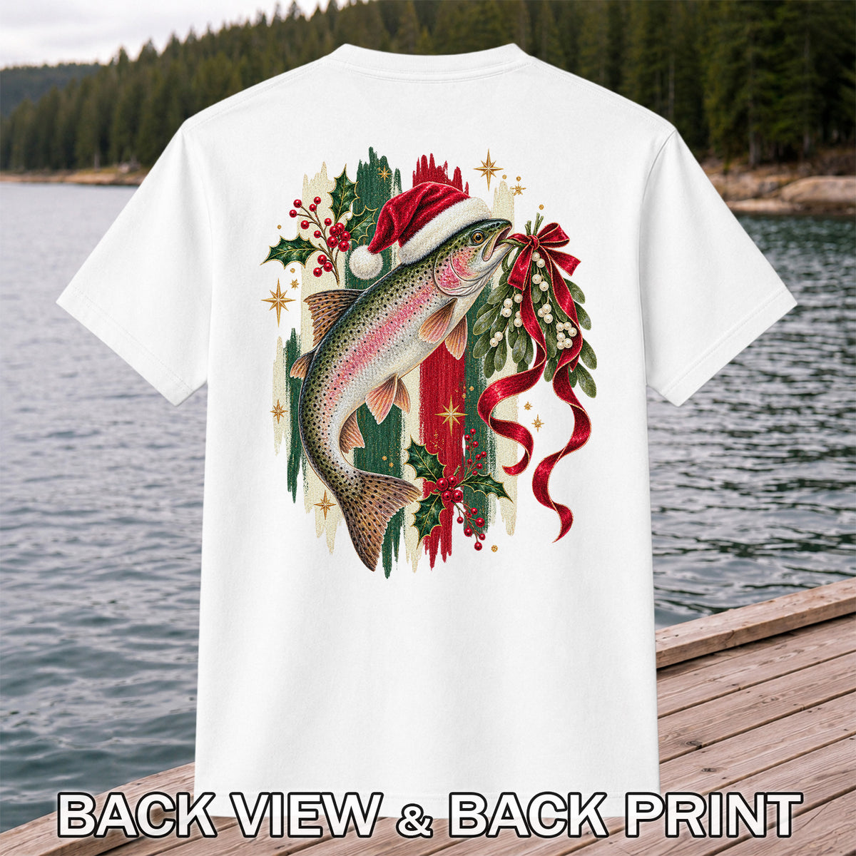 Christmas Santa Hat Rainbow Trout Fishing Graphic T-Shirt | Back Print
