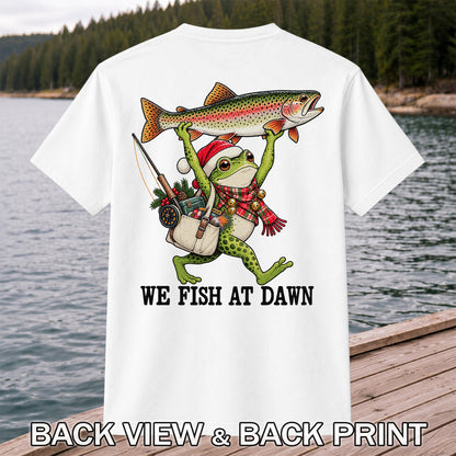 Frog Holding Rainbow Trout Fishing at Dawn Graphic T-Shirt | Back Print