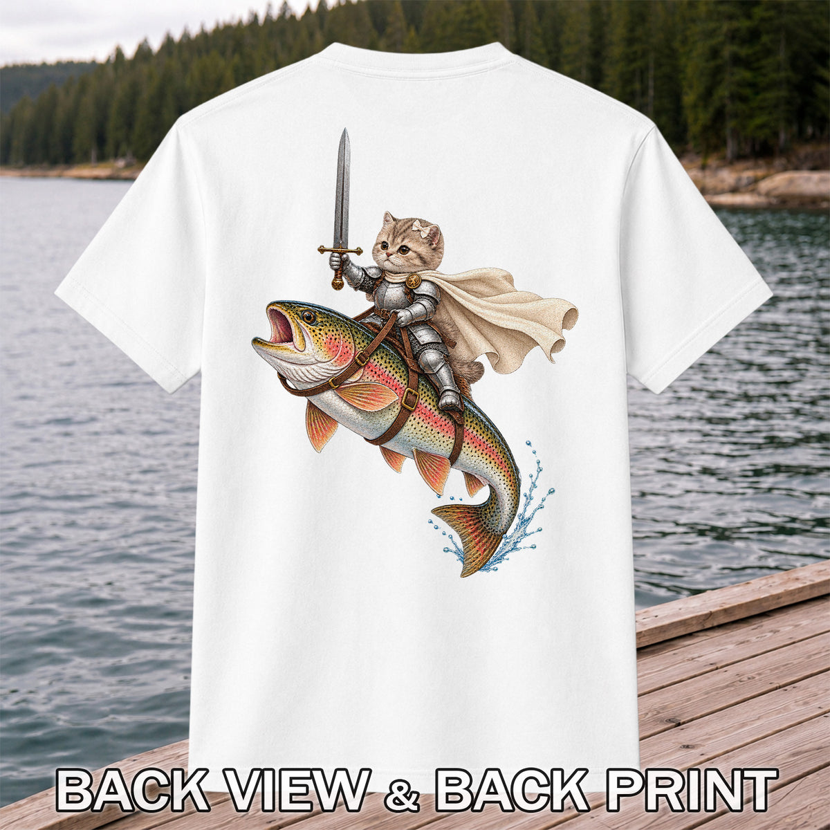 Cat Knight Riding a Rainbow Trout Fishing Graphic T-Shirt | Back Print