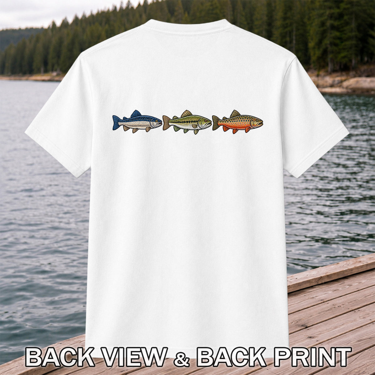 Trout and Bass Trio Minimalist Fishing Graphic T-Shirt | Back Print