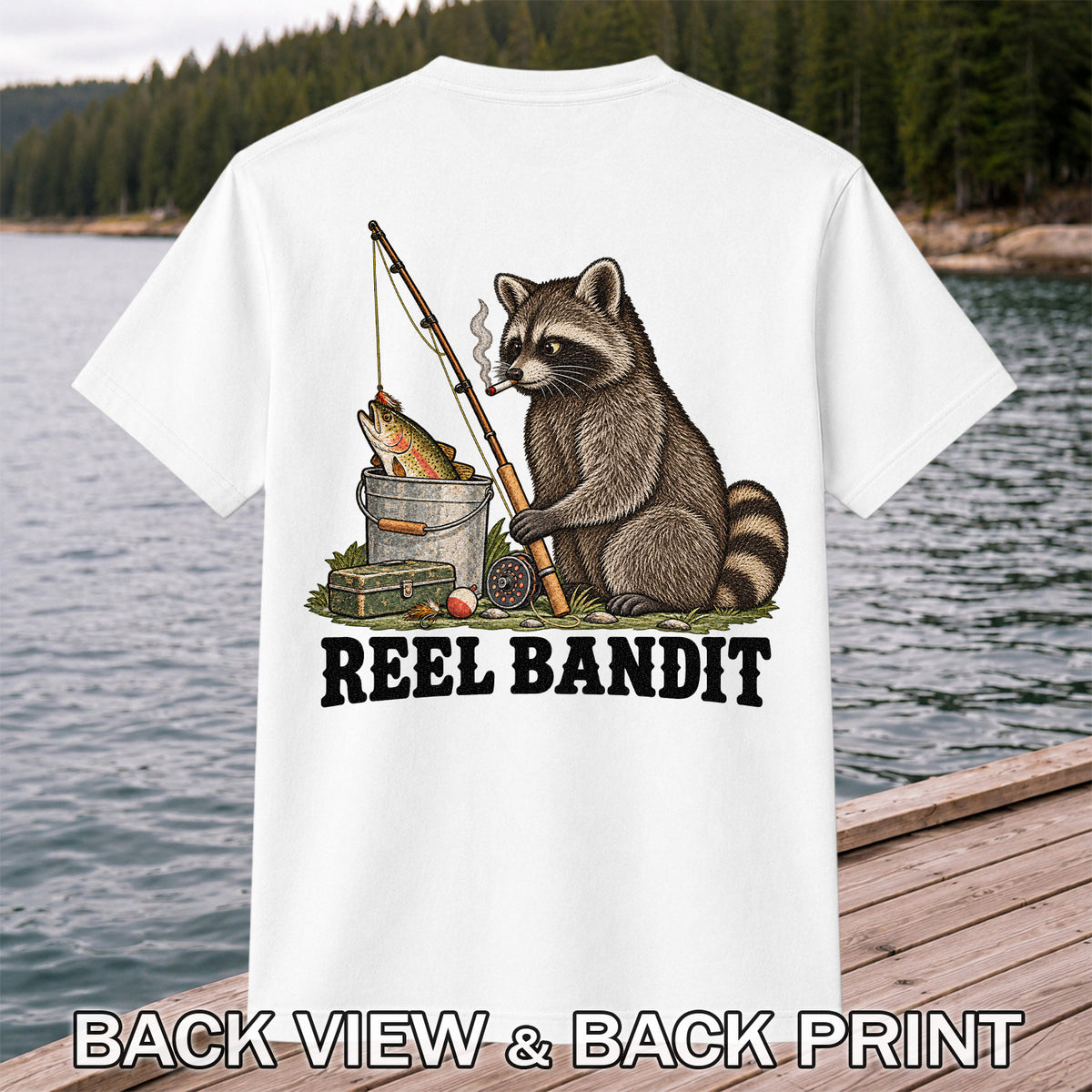Reel Bandit Smoking Raccoon with Fishing Rod Funny T-Shirt | Back Print