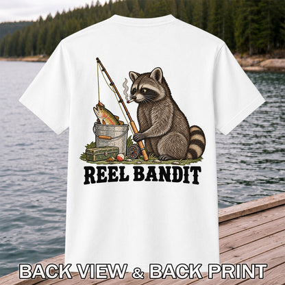 Reel Bandit Smoking Raccoon with Fishing Rod Funny T-Shirt | Back Print