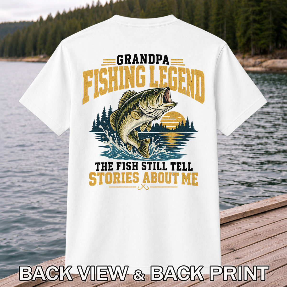Grandpa Fishing Legend Jumping Bass Vintage Fishing T-Shirt | Back Print