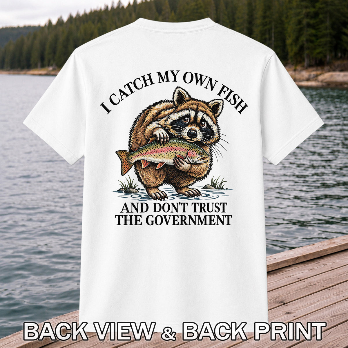 Raccoon Holding Rainbow Trout Fishing Graphic T-Shirt | Back Print