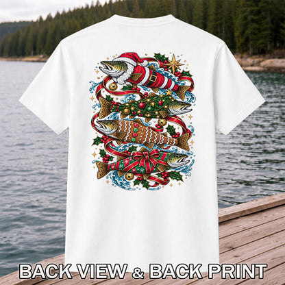 Santa and Gingerbread Trout Christmas Fishing Graphic T-Shirt | Back Print