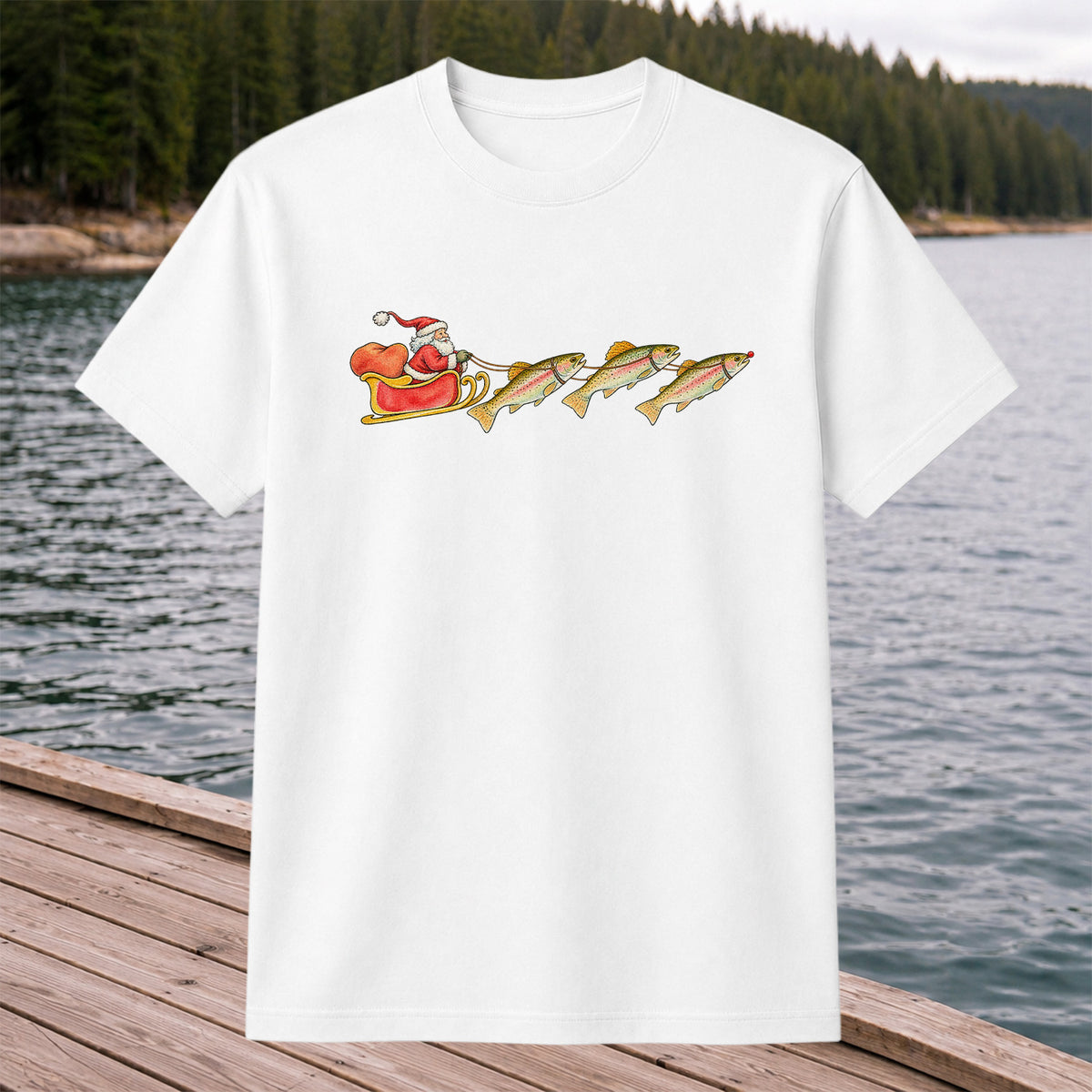 Santa Sleigh Pulling Rainbow Trout Fishing Graphic T-Shirt