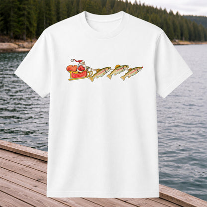 Santa Sleigh Pulling Rainbow Trout Fishing Graphic T-Shirt