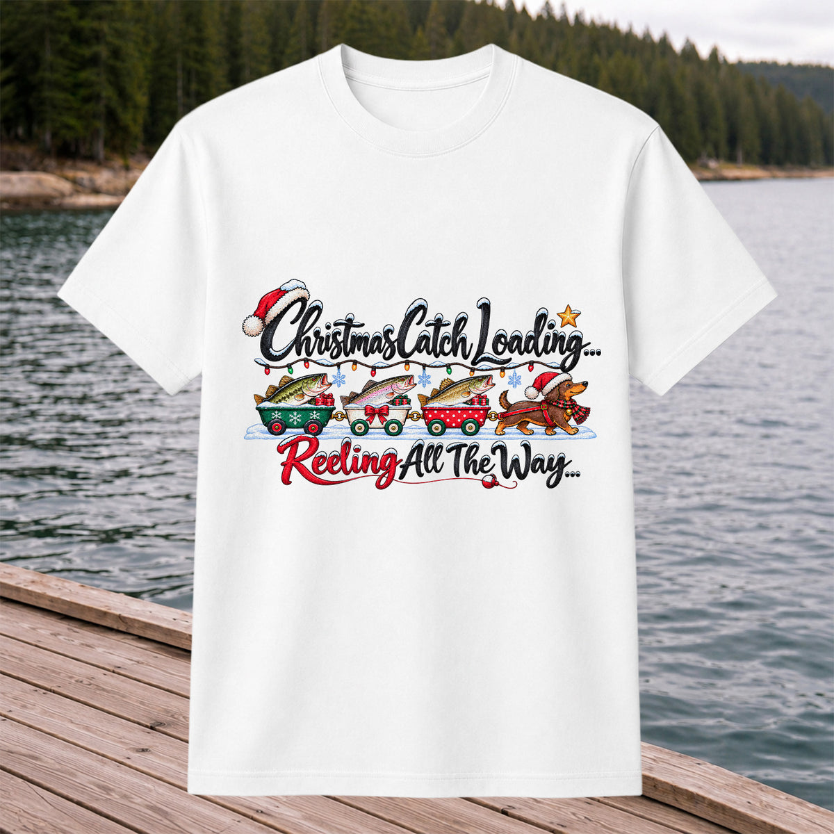 Christmas Fishing Train with Trout and Dog Graphic T-Shirt