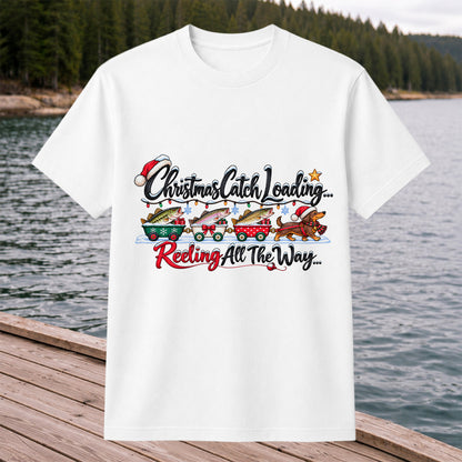 Christmas Fishing Train with Trout and Dog Graphic T-Shirt