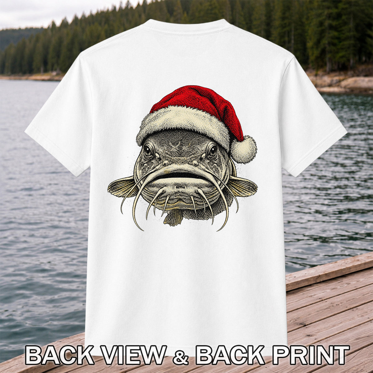 Christmas Catfish Santa Hat Holiday Fishing Graphic T-Shirt | Back Print