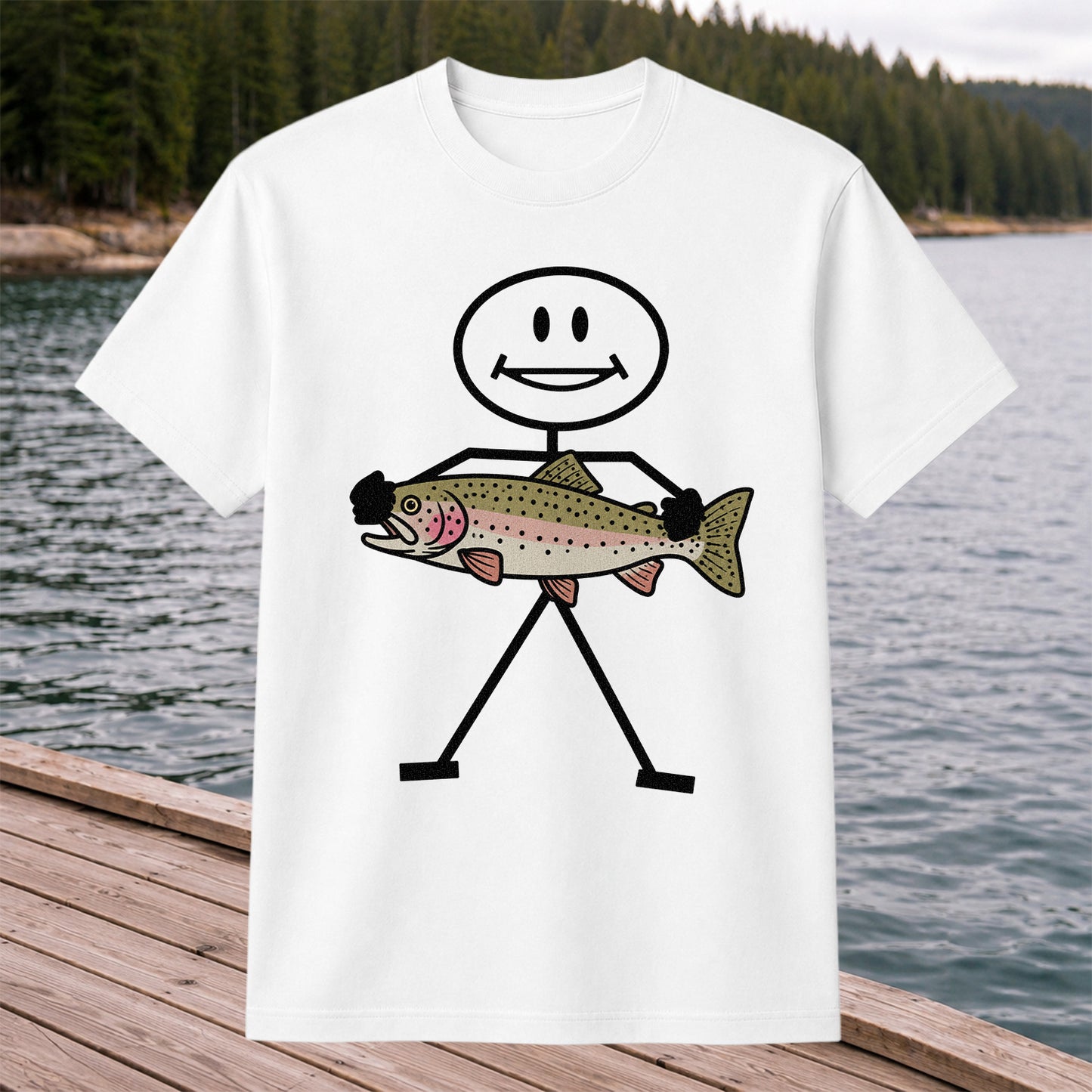 Stick Figure Holding a Rainbow Trout Fishing T-Shirt