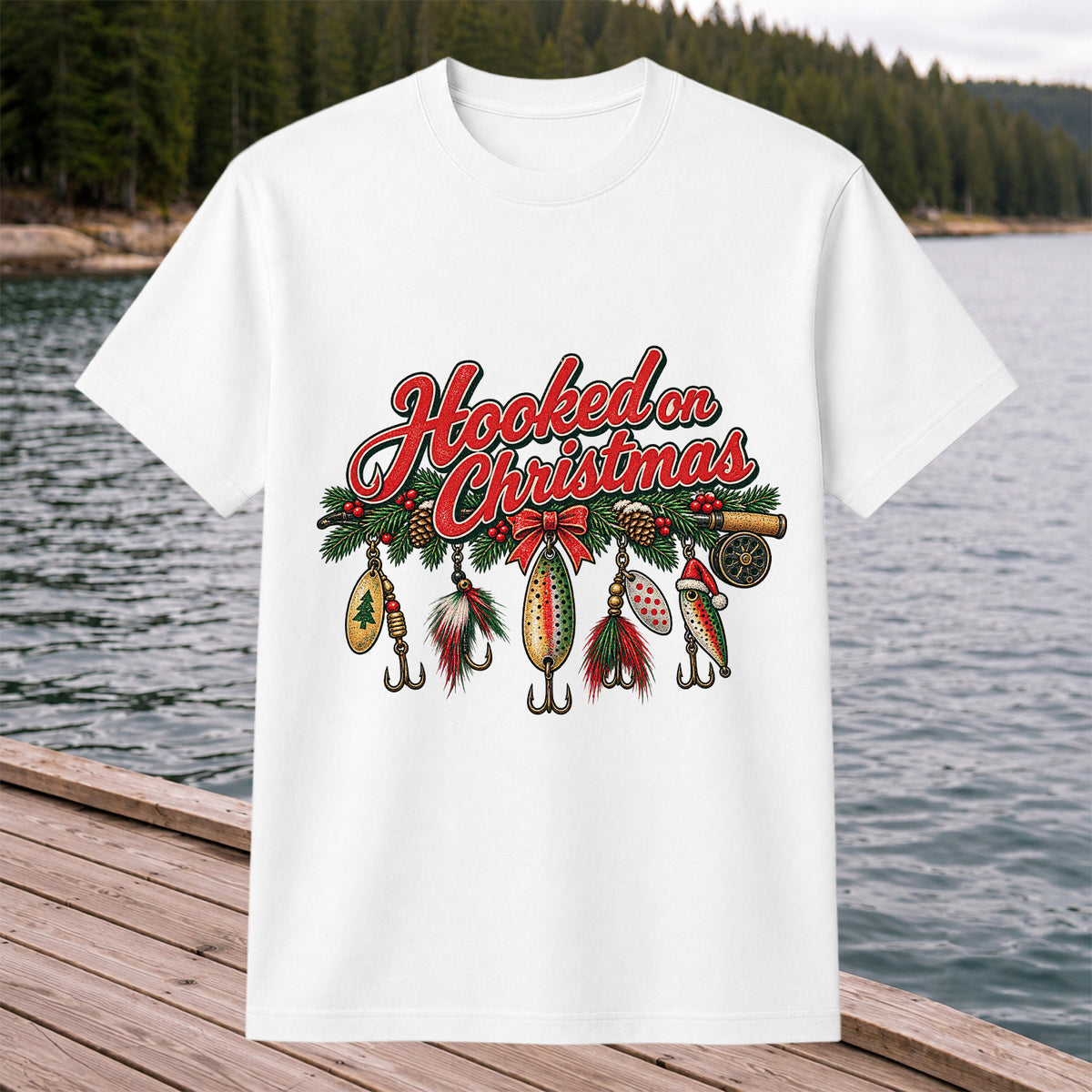 Hooked on Christmas Fishing Lure Ornaments Graphic T-Shirt