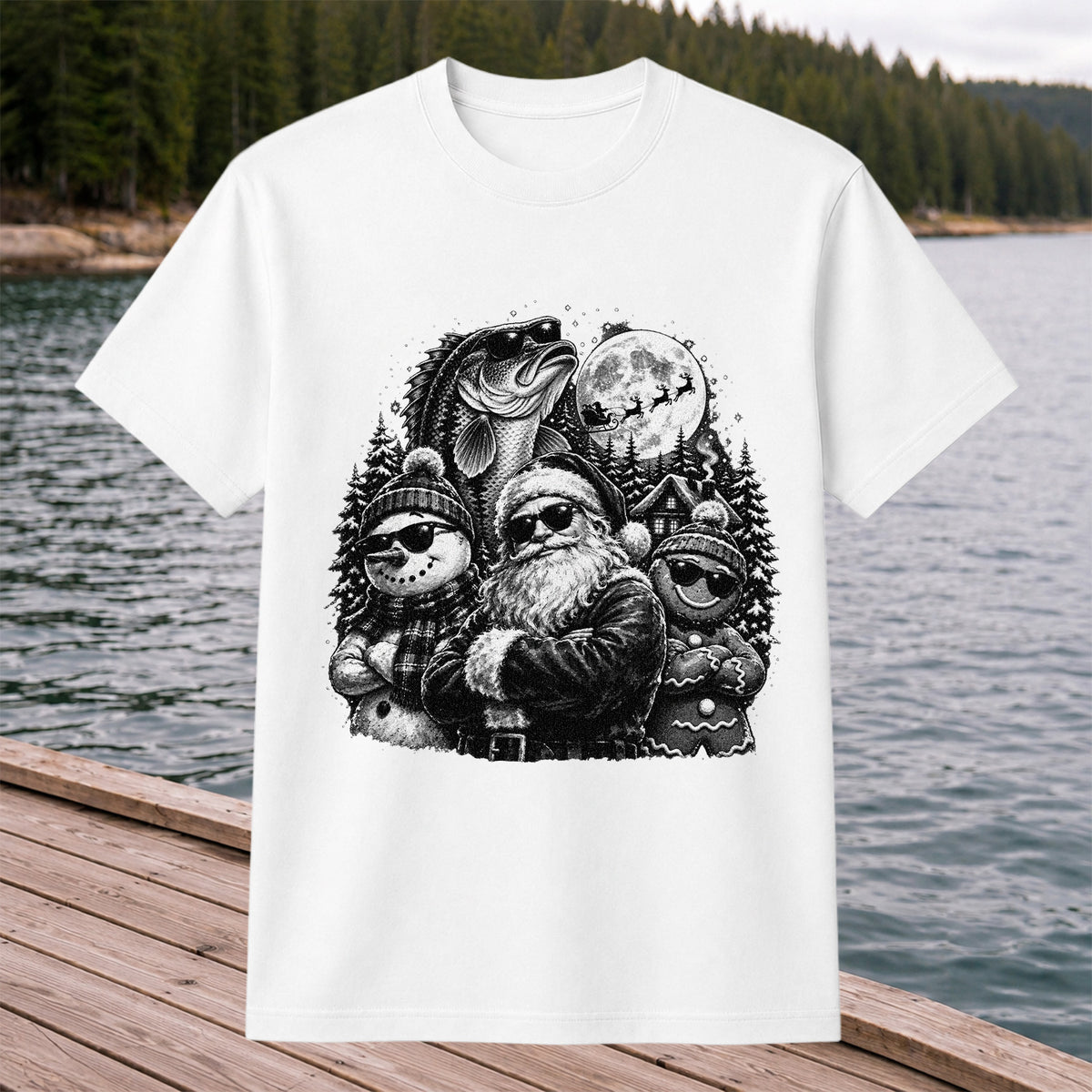 Santa Snowman Gingerbread and Bass Christmas Fishing T-Shirt