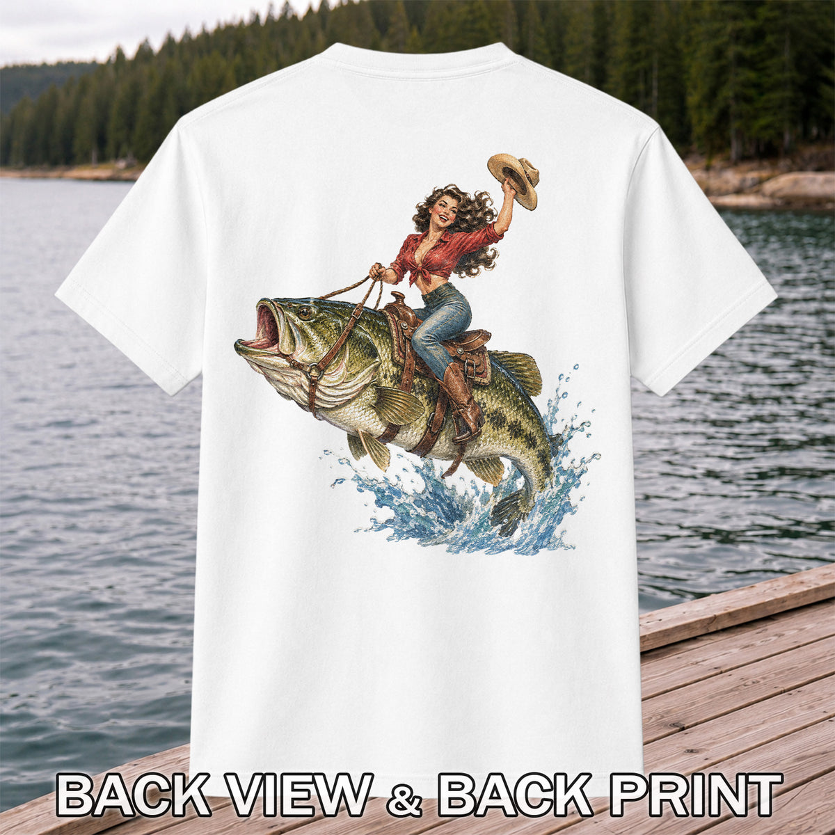 Vintage Cowgirl Riding a Largemouth Bass Fishing Graphic T-Shirt | Back Print