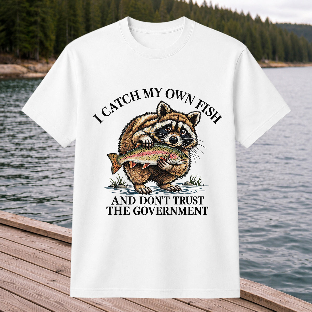 Raccoon Holding Rainbow Trout Fishing Graphic T-Shirt