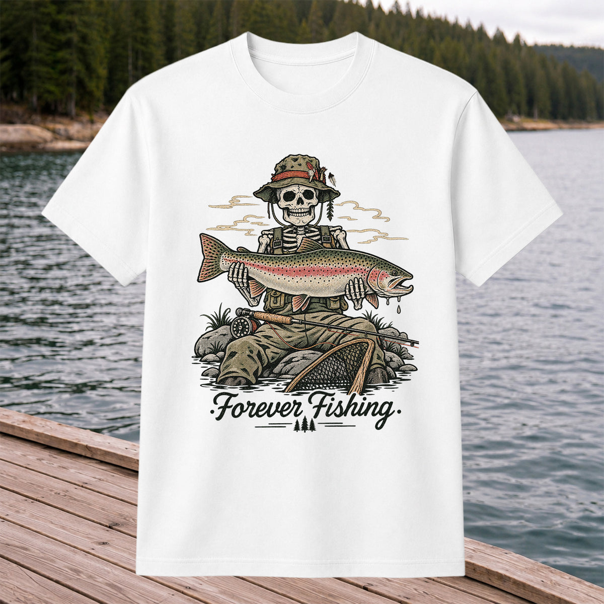 Forever Fishing Skeleton Holding Rainbow Trout Graphic T-Shirt