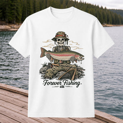Forever Fishing Skeleton Holding Rainbow Trout Graphic T-Shirt