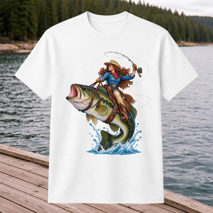Cowgirl Riding a Largemouth Bass Fishing Graphic T-Shirt