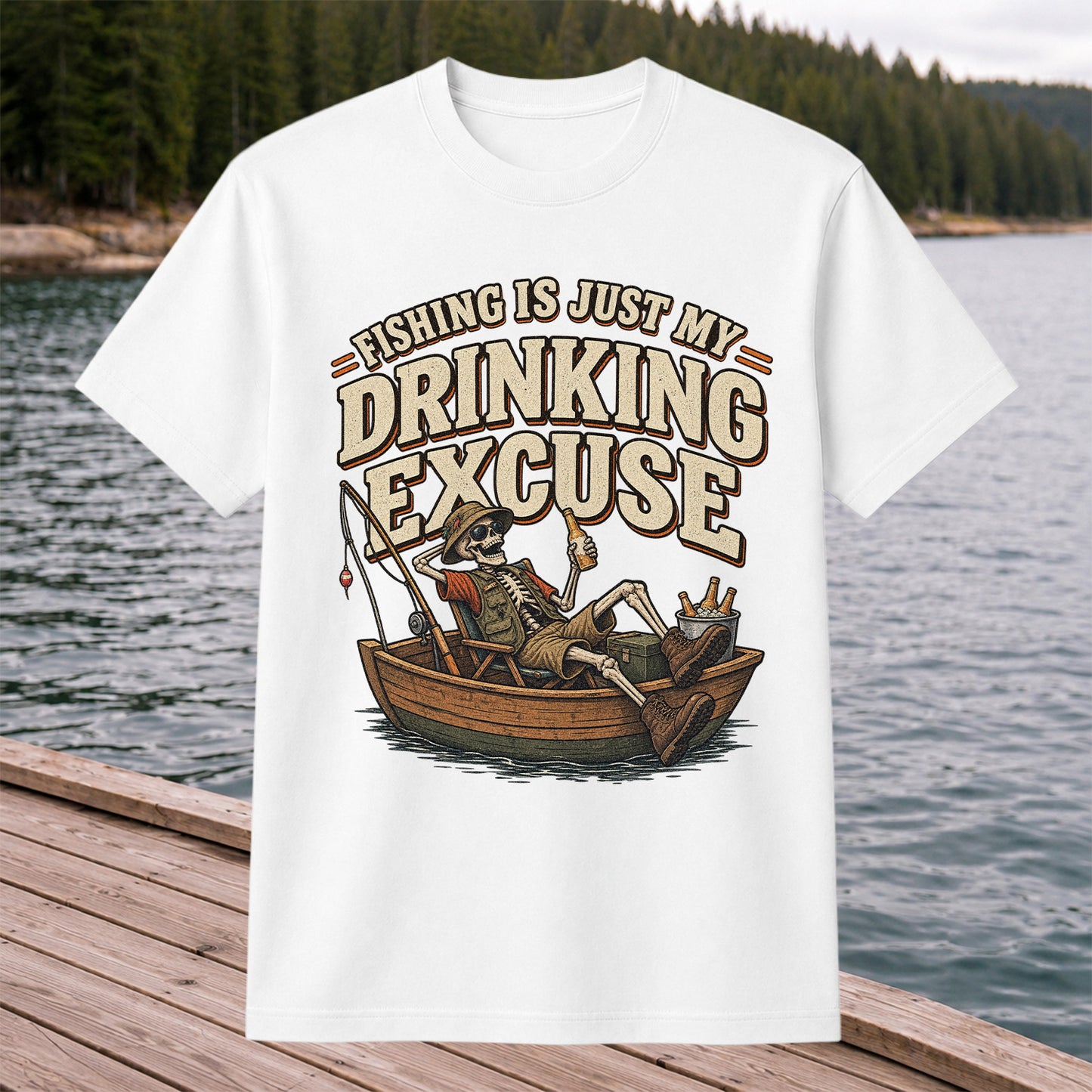 Fishing Is Just My Drinking Excuse Skeleton Angler T-Shirt