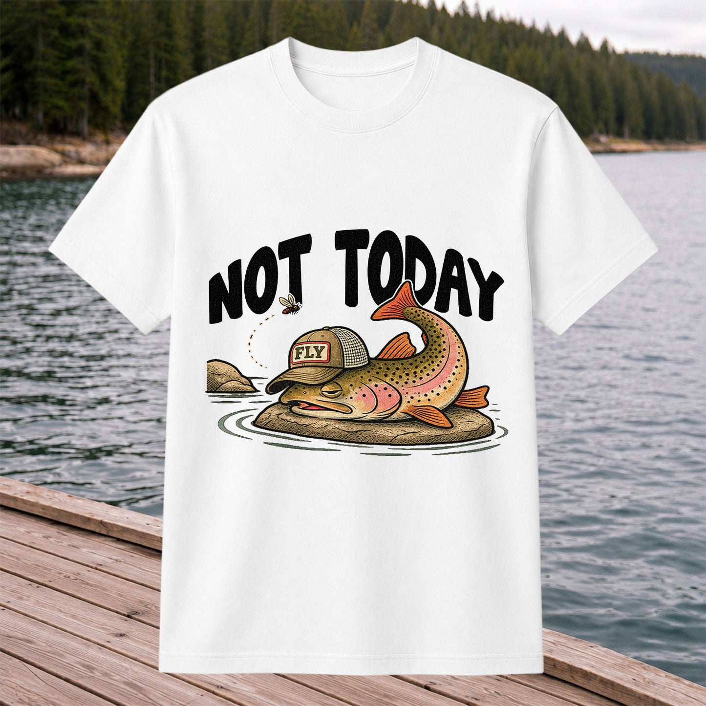 Not Today Brown Trout Wearing a Fly Fishing Hat Funny T-Shirt