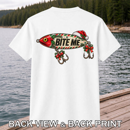 Bite Me Christmas Fishing Lure Funny Graphic T-Shirt | Back Print
