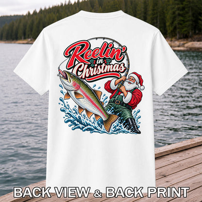 Reelin' in Christmas Santa Rainbow Trout Fishing T-Shirt | Back Print