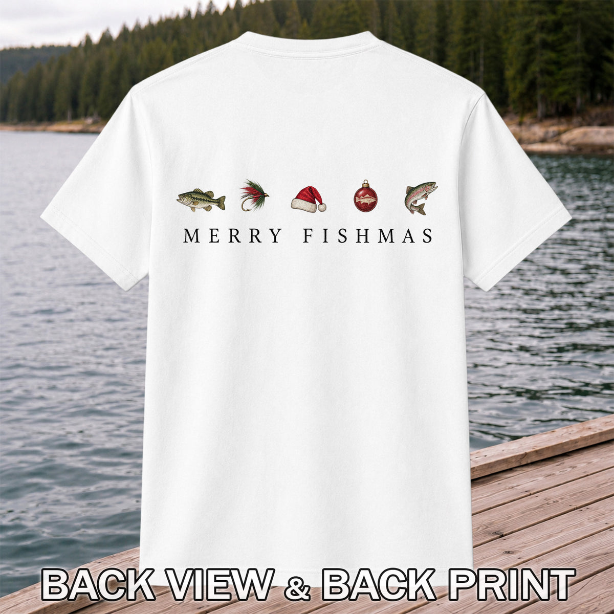Christmas Fish Icons Fishing Graphic T-Shirt | Back Print
