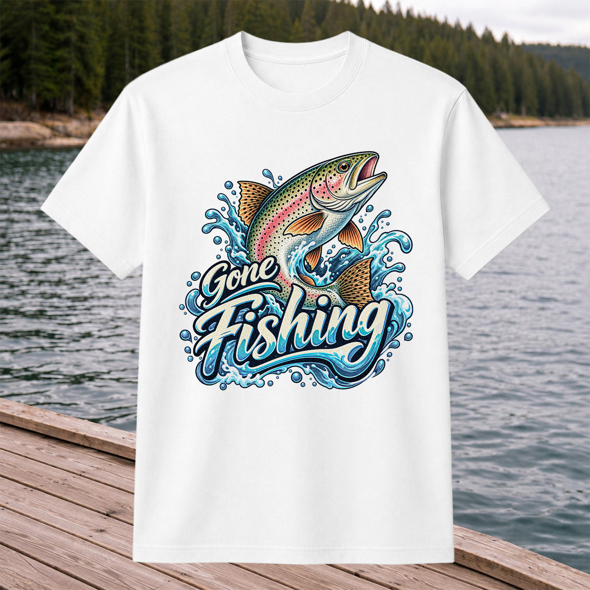 Gone Fishing Jumping Rainbow Trout Splash Graphic T-Shirt