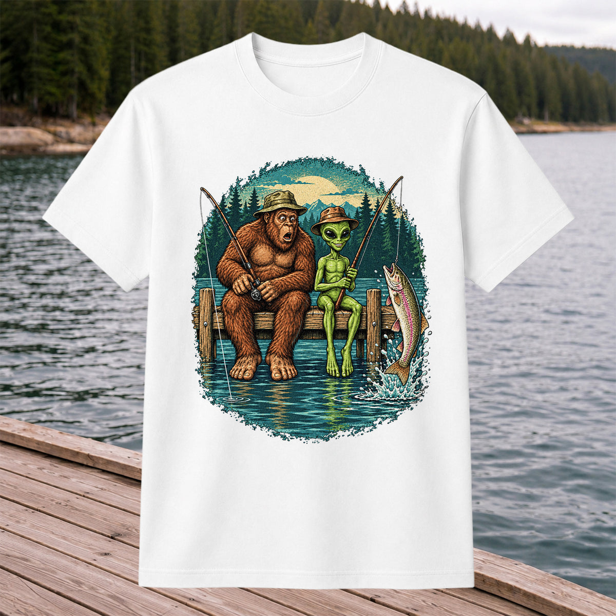 Bigfoot and Alien Fishing on a Dock with Rainbow Trout Graphic T-Shirt