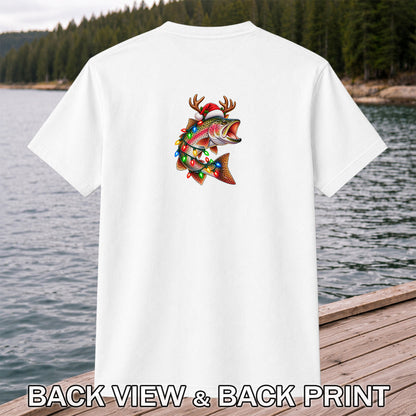 Christmas Rainbow Trout with Santa Hat, Antlers and Holiday Lights Fishing T-Shirt | Back Print