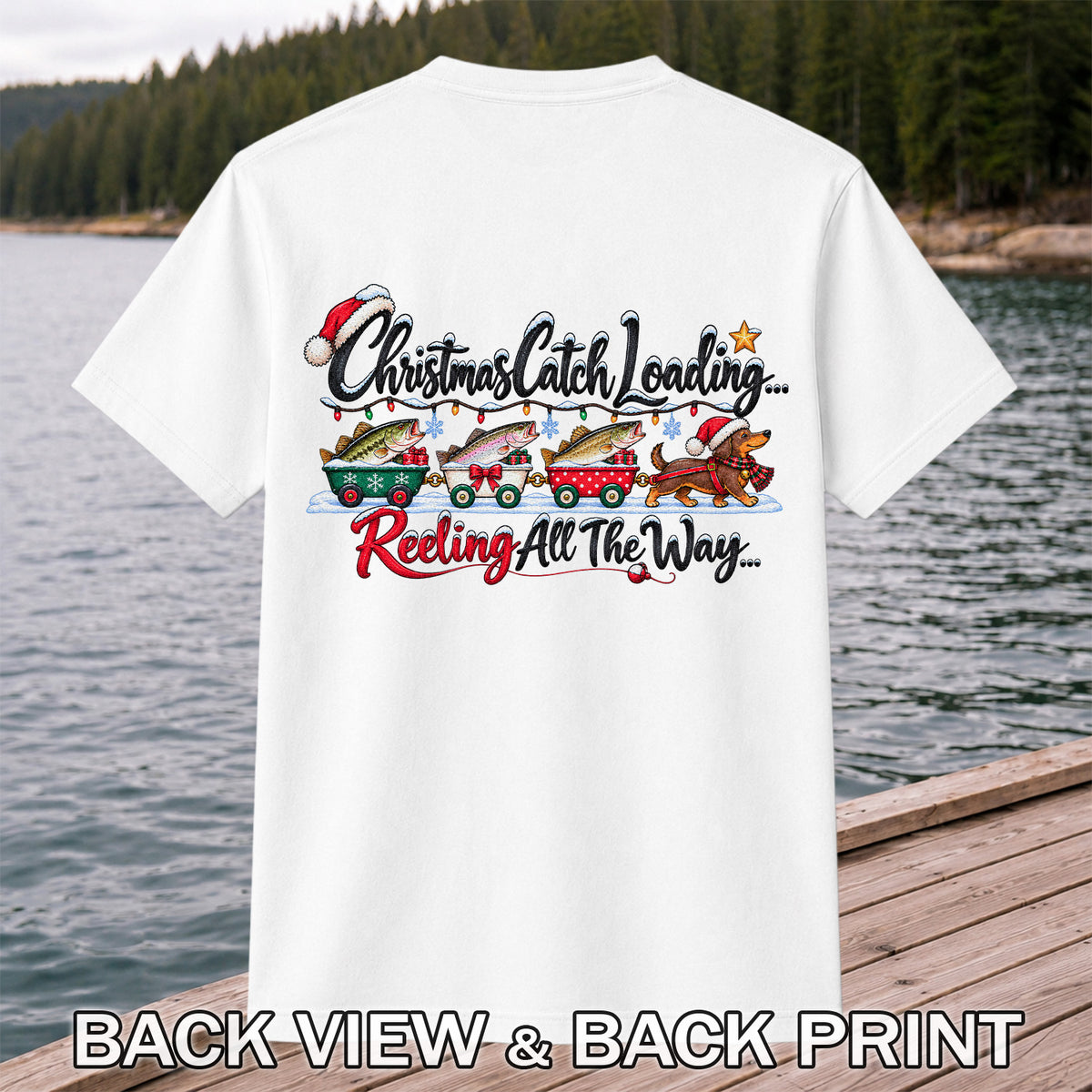 Christmas Fishing Train with Trout and Dog Graphic T-Shirt | Back Print