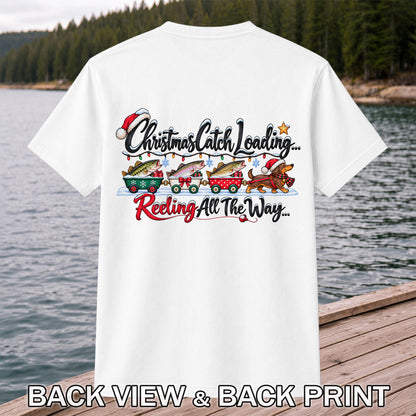 Christmas Fishing Train with Trout and Dog Graphic T-Shirt | Back Print