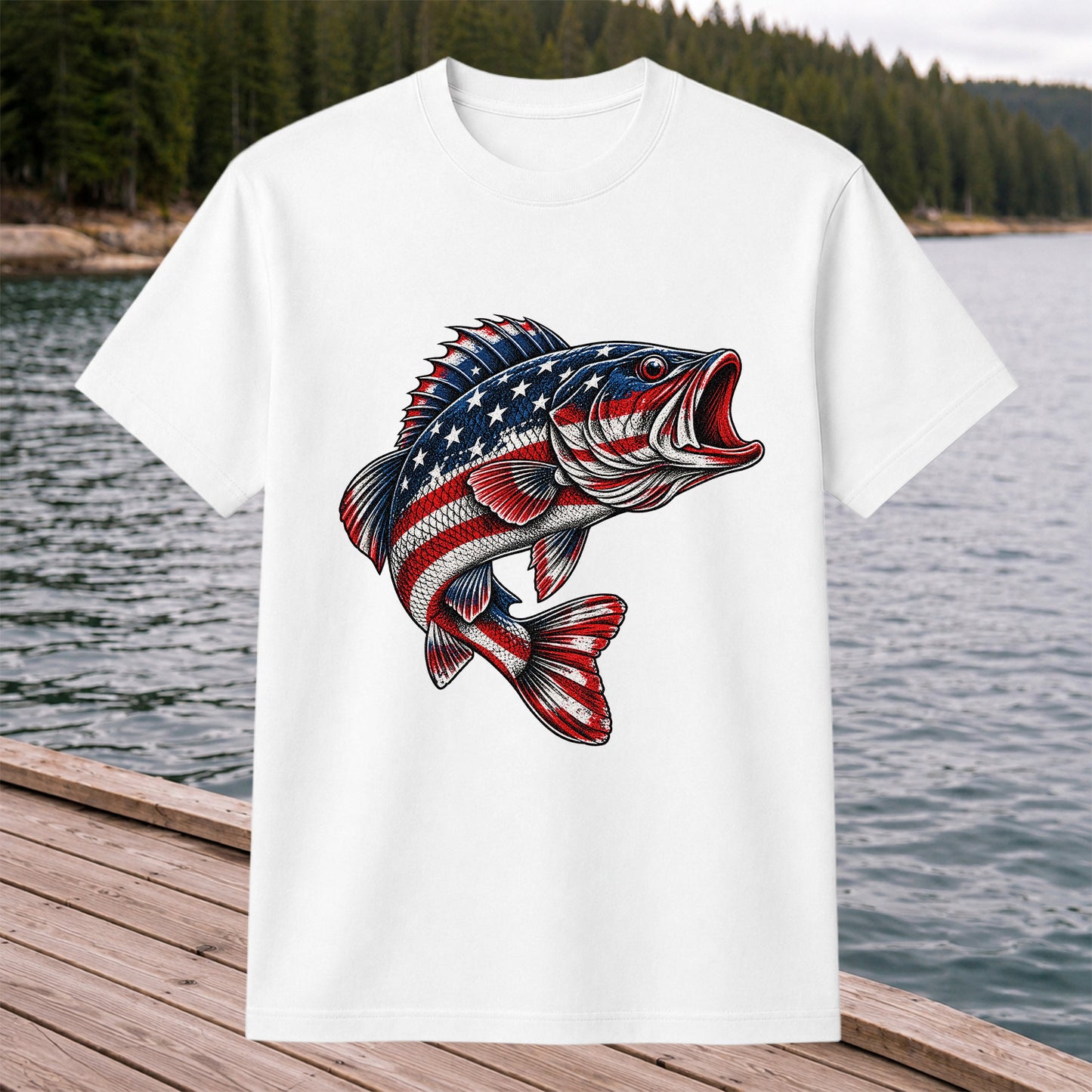 American Flag Largemouth Bass Patriotic Fishing Graphic T-Shirt