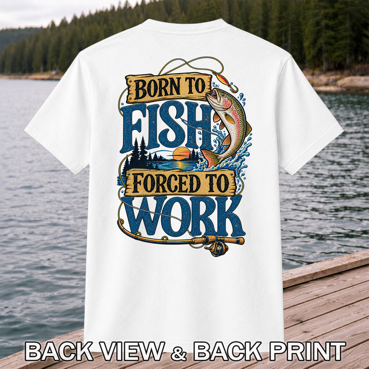 Rainbow Trout Lake Sunset Fishing Graphic T-Shirt | Back Print