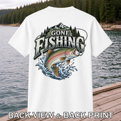 Gone Fishing Rainbow Trout and Mountains Graphic T-Shirt | Back Print